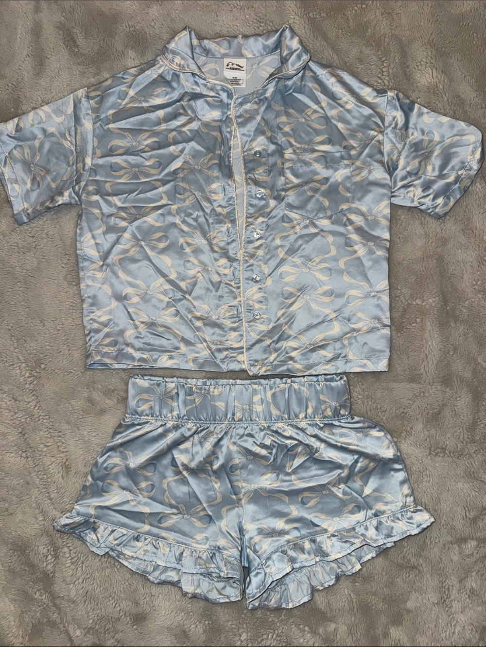 art class Light Blue Satin Short Pajama Set with Ivory Bow Print